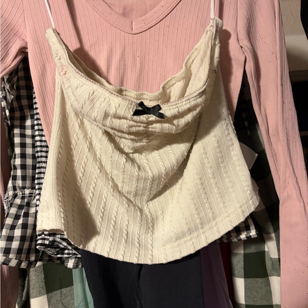 Cream Cable-Knit Cami Top with Bow Detail